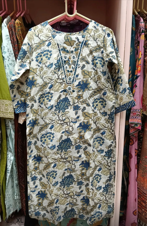 Blue Floral Printed Cotton Salwar Suit Set with Dupatta