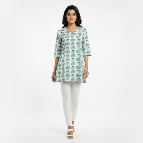 Printed Cotton Short Kurti for Women – Camel & Heritage Print V-Neck Casual Kurti