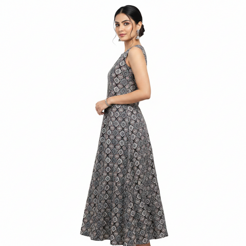 Women’s Black Ethnic Printed Long Kurti | Sleeveless Casual & Daily Wear Kurta