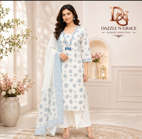 Women’s Off-White Floral Printed Cotton Kurta Palazzo Set with Dupatta | Elegant Ethnic Wear for Women