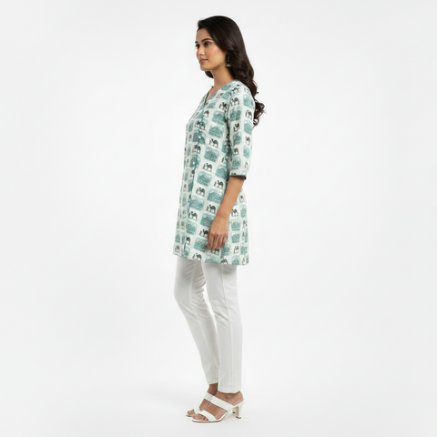 Printed Cotton Short Kurti for Women – Camel & Heritage Print V-Neck Casual Kurti