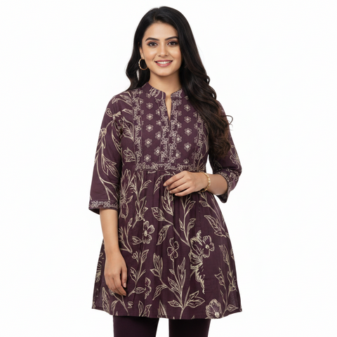 Brown Floral Printed Short Kurti for Women – Elegant Casual & Office Wear