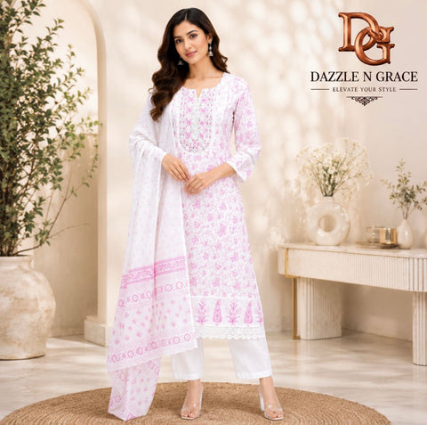 Women’s Premium Pink Floral Printed Cotton Suit Set with Dupatta & Straight Pants