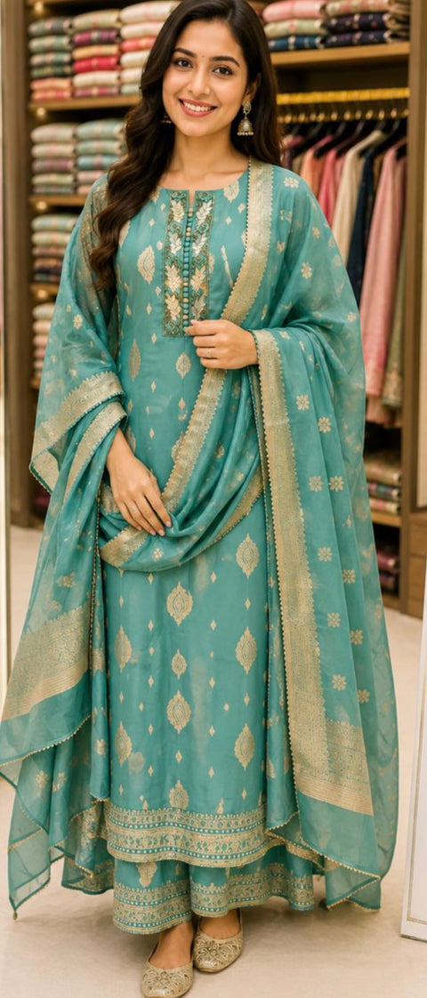 Aqua Blue Woven Ethnic Suit Set with Dupatta | Premium Festive & Occasion Wear for Women