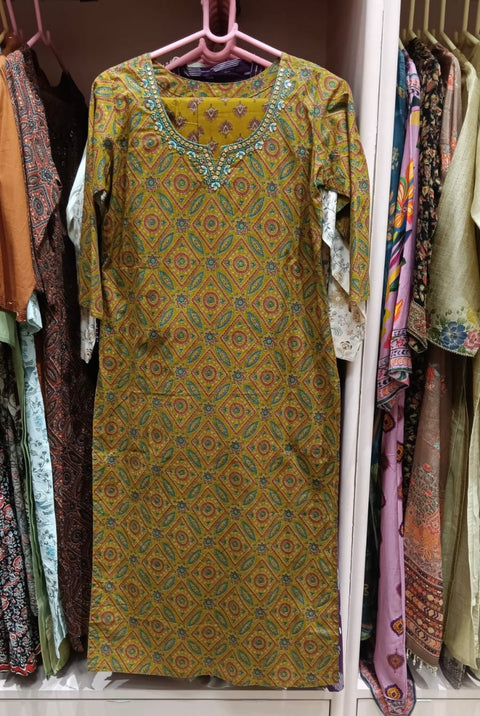 Mustard Geometric Print Cotton Salwar Suit Set for Women
