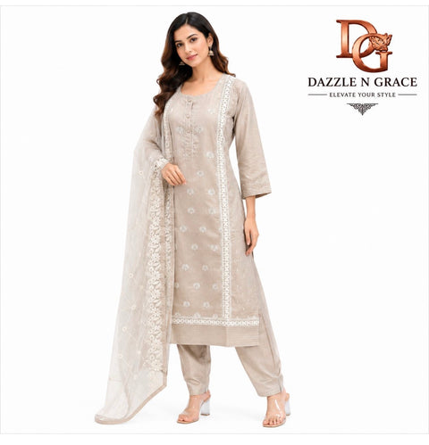 Beige Embroidered Cotton Suit Set with Organza Dupatta for Women