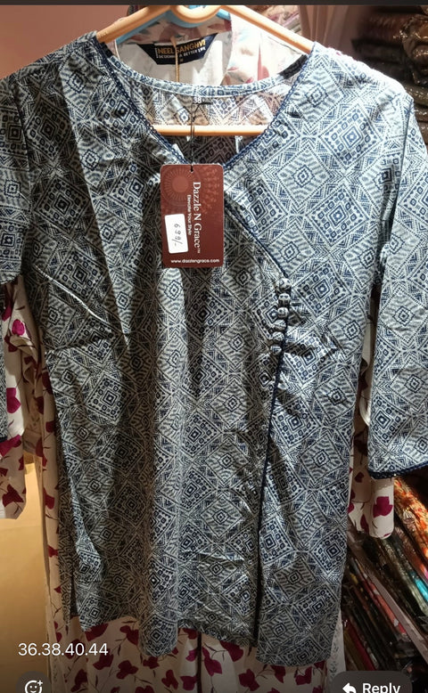 Blue Ethnic Print Short Kurti for Women – Stylish Casual & Office Wear