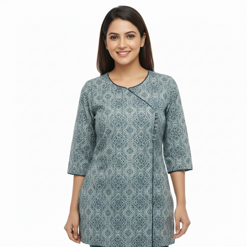 Blue Ethnic Print Short Kurti for Women – Stylish Casual & Office Wear