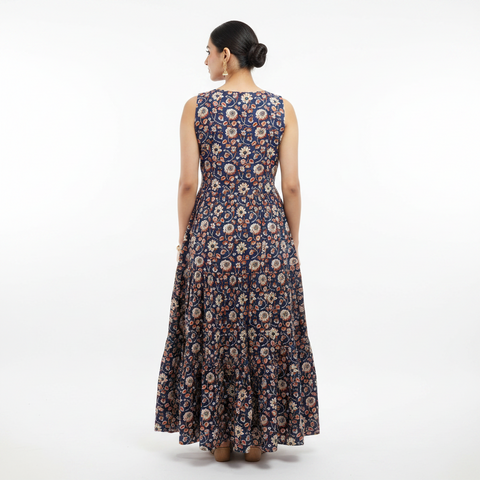 Navy Blue Floral Printed Long Kurti – Elegant Sleeveless Ethnic Wear for Women