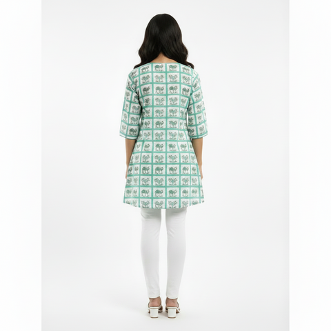 Printed Cotton Short Kurti for Women – Camel & Heritage Print V-Neck Casual Kurti