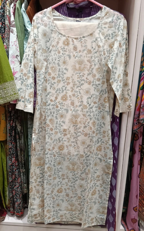 Cream Floral Printed Straight Cut Salwar Suit with Dupatta for Women