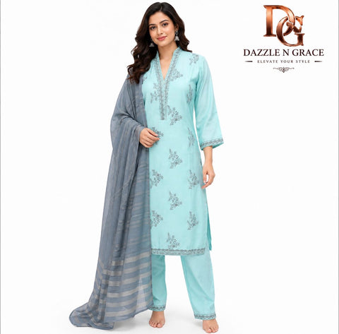 Women’s Aqua Blue Embroidered Cotton Kurta Pant Set with Grey Dupatta | Elegant Ethnic Wear Suit Set