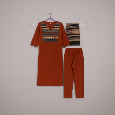 Aesha Rust Brown Tribal Embroidered Kurti with Pant & Dupatta Set | Festive Ethnic Wear