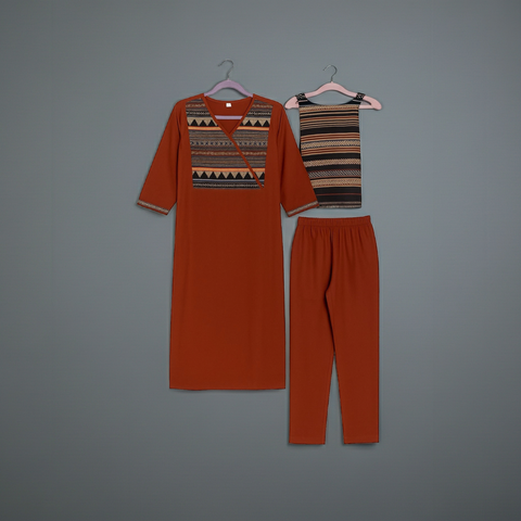 Aesha Rust Brown Tribal Embroidered Kurti with Pant & Dupatta Set | Festive Ethnic Wear
