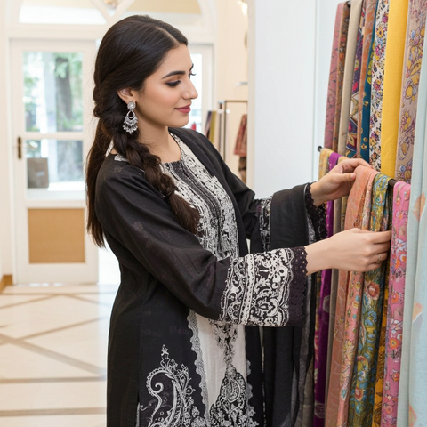 Black & Ivory Ornate Baroque Print Kurta Set with Scallop Border & Dupatta | Chic Ethnic Wear