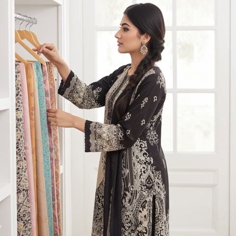 Black & Ivory Ornate Baroque Print Kurta Set with Scallop Border & Dupatta | Chic Ethnic Wear