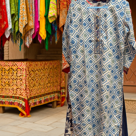 Aqua Teal Geometric Diamond Print Kurta with Pintuck Placket | Casual Office Ethnic Wear