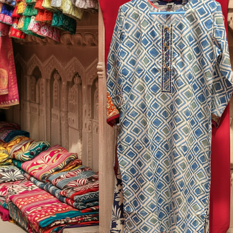 Aqua Geo Mosaic Kurta with Pintuck Placket