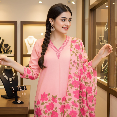 Aesha Pink Floral Printed Kurti with Pant &  Dupatta Set