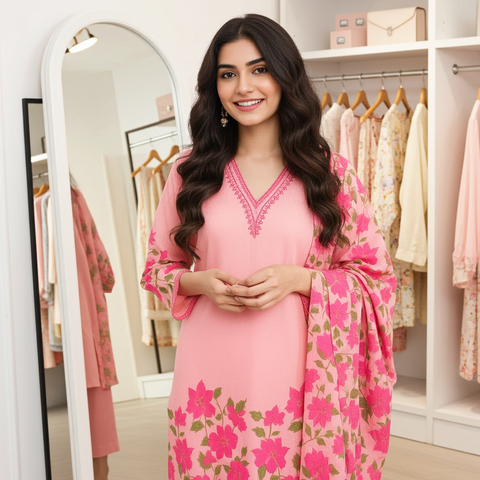 Aesha Pink Floral Printed Kurti with Pant & Dupatta Set | Casual Festive Ethnic Wear