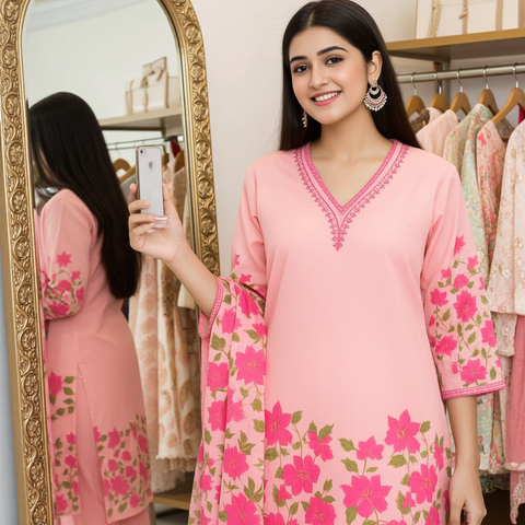 Aesha Pink Floral Printed Kurti with Pant & Dupatta Set | Casual Festive Ethnic Wear