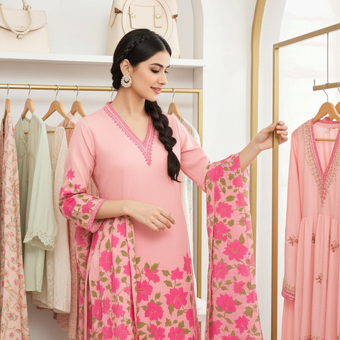 Aesha Pink Floral Printed Kurti with Pant & Dupatta Set | Casual Festive Ethnic Wear