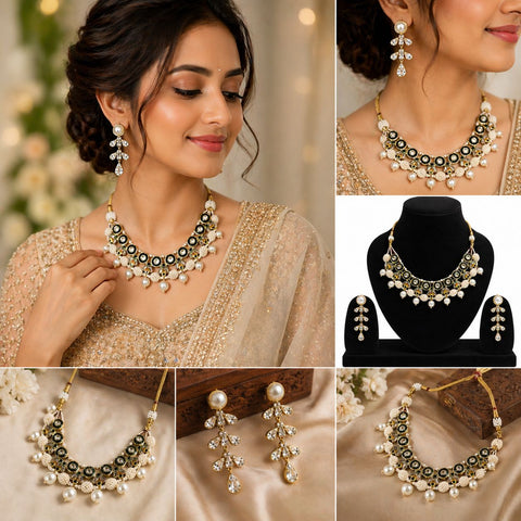 Emerald Green Kundan Pearl Necklace Set