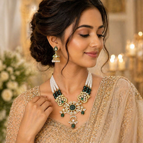 Elegant Kundan Emerald Bridal Necklace Set with Pearl Strings