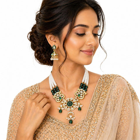 Elegant Kundan Emerald Bridal Necklace Set with Pearl Strings