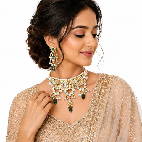 Royal Kundan Pearl Choker Necklace Set with Emerald Drops