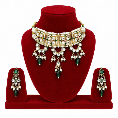 Royal Kundan Pearl Choker Necklace Set with Emerald Drops