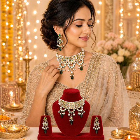 Royal Kundan Pearl Choker Necklace Set with Emerald Drops