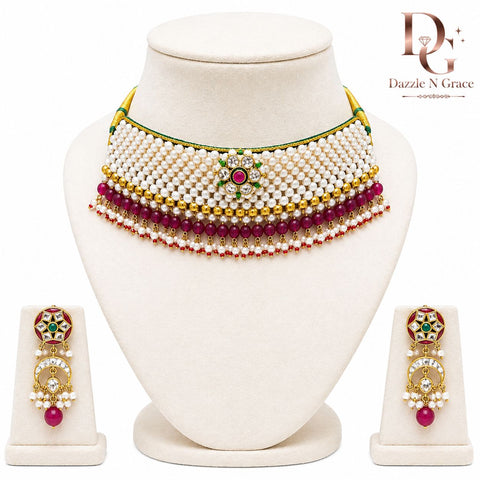 Luxury Pearl Kundan Choker Necklace Set with Ruby Beads