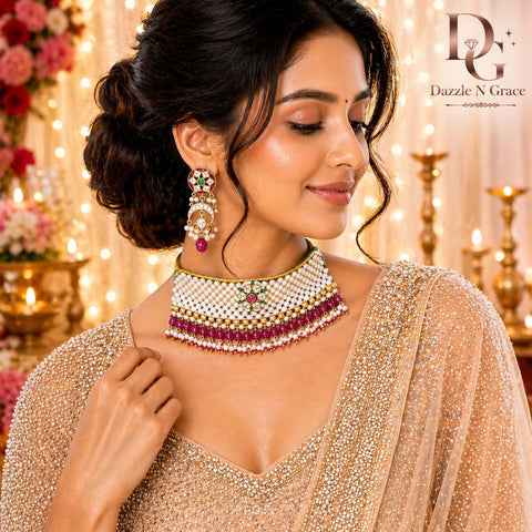 Luxury Pearl Kundan Choker Necklace Set with Ruby Beads