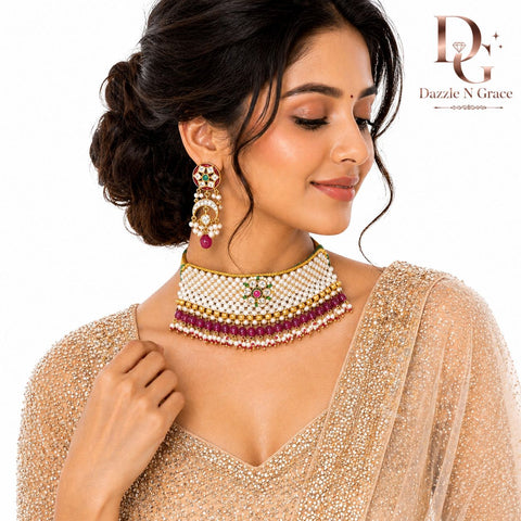 Luxury Pearl Kundan Choker Necklace Set with Ruby Beads