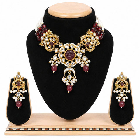 Royal Kundan Bridal Necklace Set with Ruby Beads & Pearl Drops – Traditional Indian Wedding Jewellery