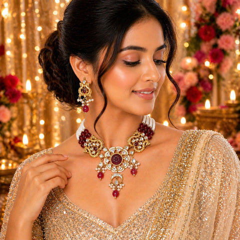 Royal Kundan Bridal Necklace Set with Ruby Beads & Pearl Drops – Traditional Indian Wedding Jewellery