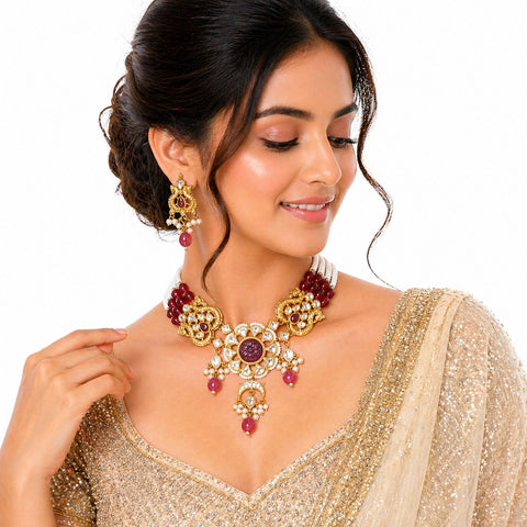 Royal Kundan Bridal Necklace Set with Ruby Beads & Pearl Drops – Traditional Indian Wedding Jewellery