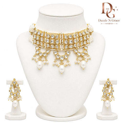 Elegant Kundan Choker Necklace Set with Pearl Drops – Gold Plated Bridal & Festive Jewellery