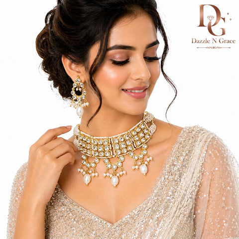 Elegant Kundan Choker Necklace Set with Pearl Drops – Gold Plated Bridal & Festive Jewellery