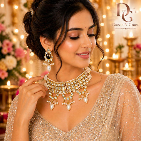 Elegant Kundan Choker Necklace Set with Pearl Drops – Gold Plated Bridal & Festive Jewellery