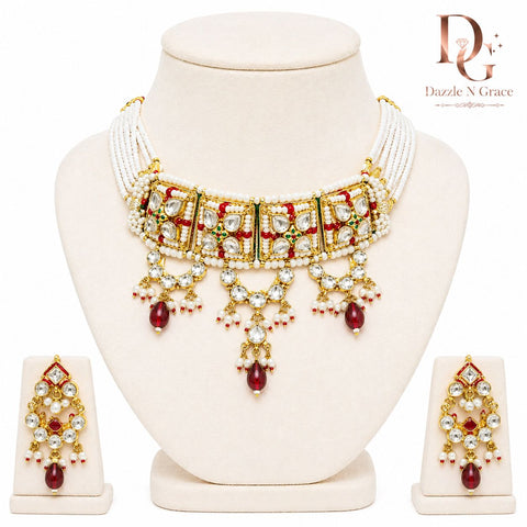 Royal Kundan Pearl Choker Necklace Set with Red Drops – Bridal & Festive Statement Jewelry