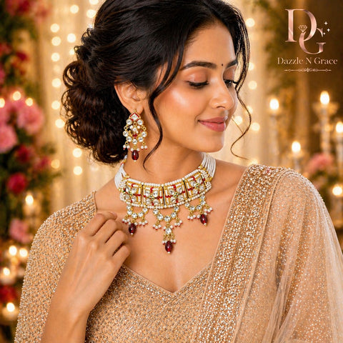 Royal Kundan Pearl Choker Necklace Set with Red Drops – Bridal & Festive Statement Jewelry