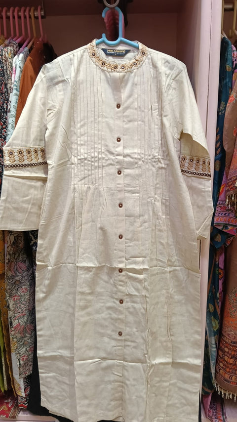Ivory Embroidered Button-Down Long Kurti