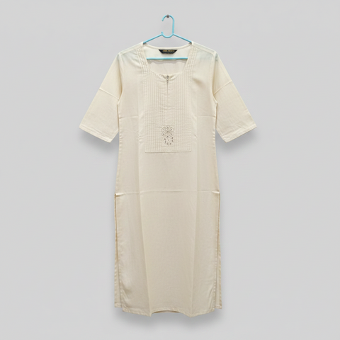 Off White Cotton Embroidered Long Kurti for Women
