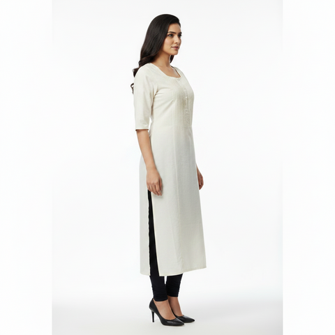 Off White Cotton Embroidered Long Kurti for Women