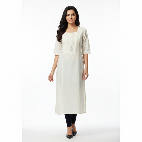 Off White Cotton Embroidered Long Kurti for Women