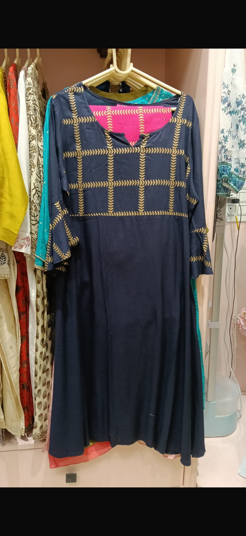 Navy Blue Embroidered Flared Salwar Suit for Women