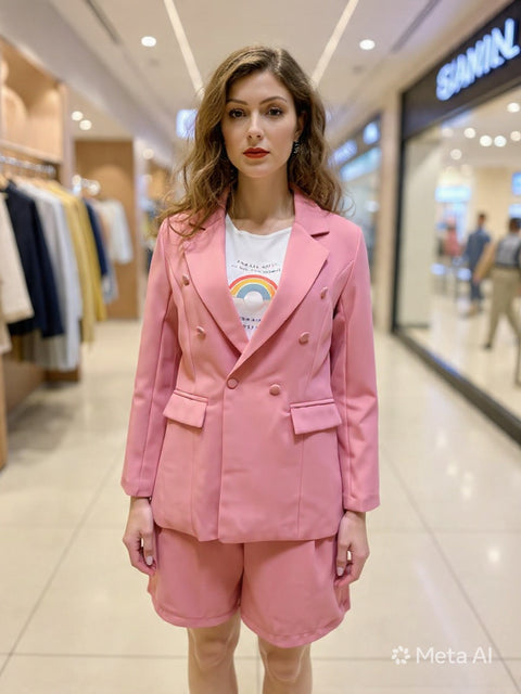 Double-Breasted Blazer & High Waist Shorts Coord Set Dusty Rose
