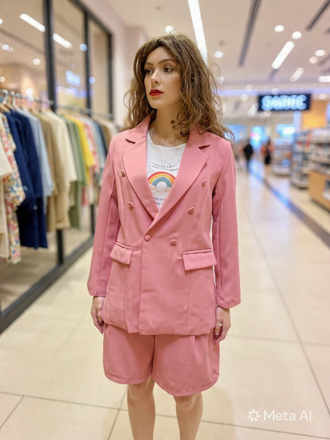Double-Breasted Blazer & High Waist Shorts Coord Set Dusty Rose